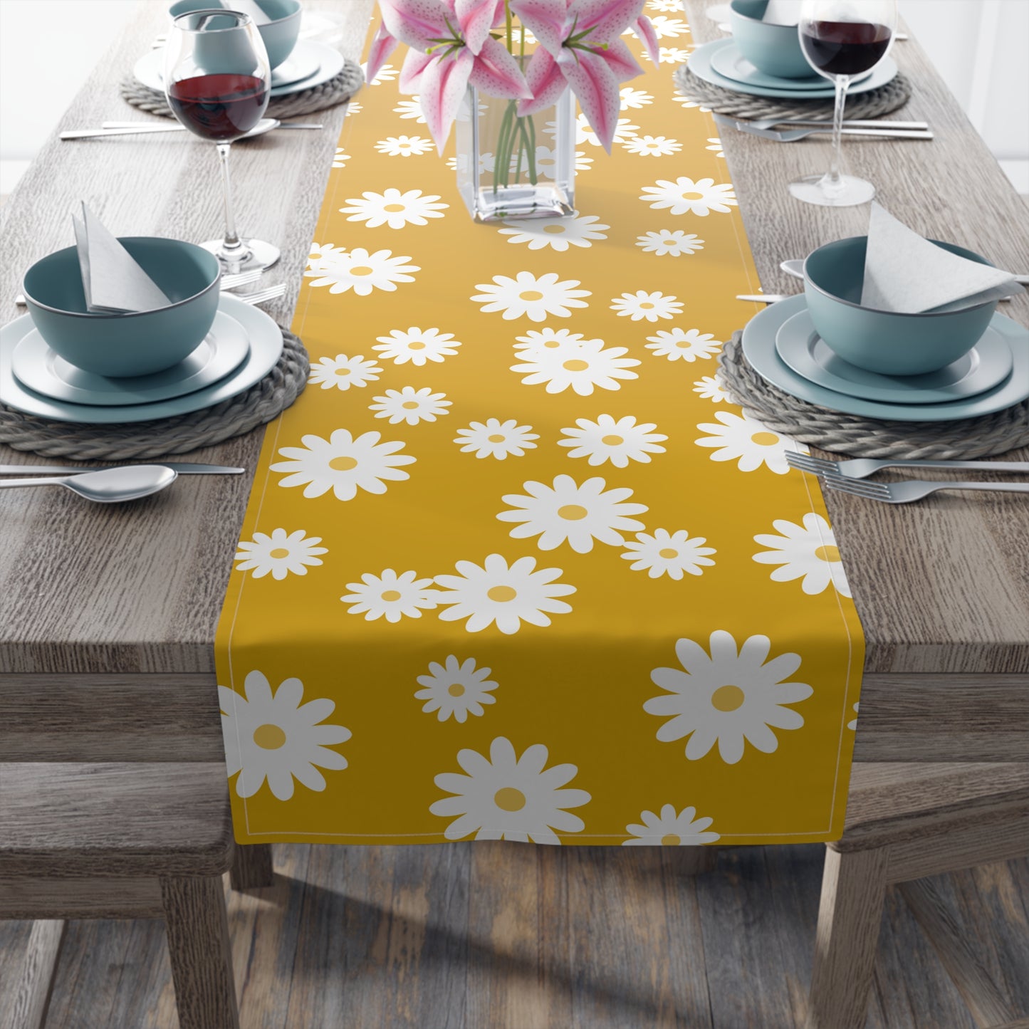mustard yellow table runner with white daisy print
