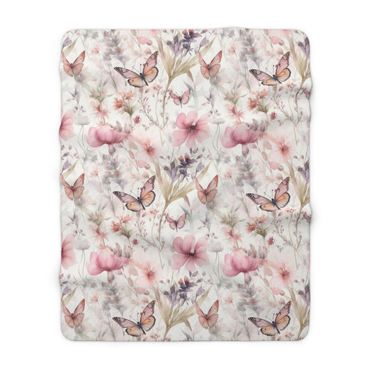 girls pink butterfly and flower sherpa blanket, perfect for a baby shower gift for nursery blanket