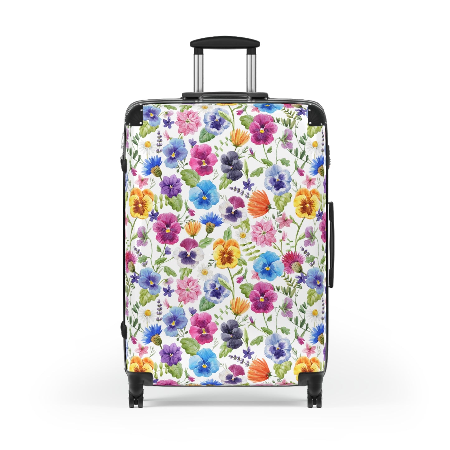 floral suitcase with blue, orange, purple, pink and green pansy print
