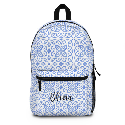 personalized blue tile print backpack for girls back to school