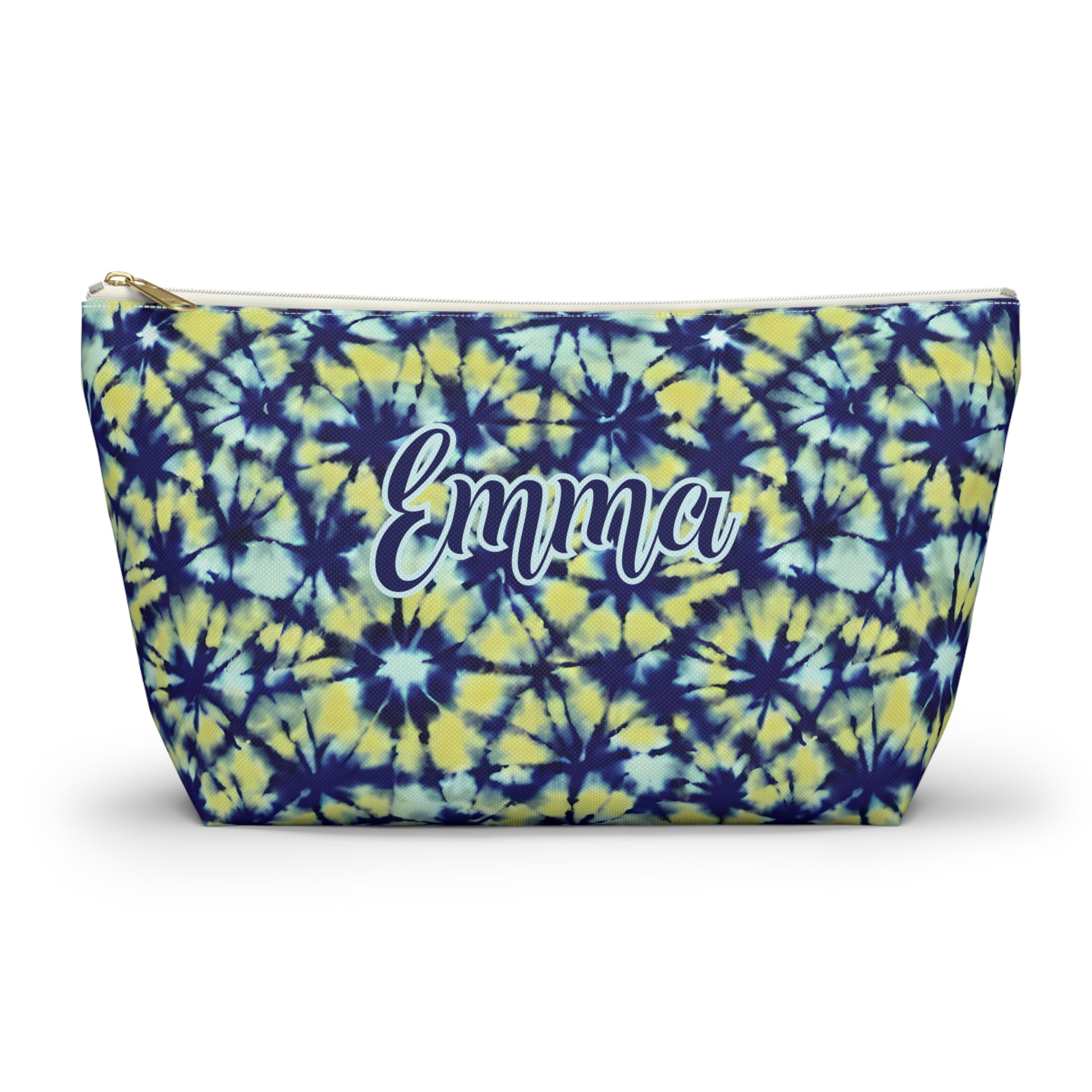 personalized blue and yellow tie dye pencil case or makeup bag
