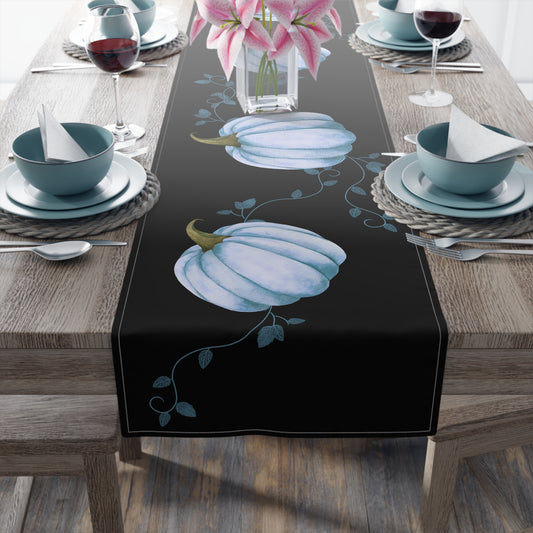 black fall thanksgiving table runner with blue pumpkins and vines