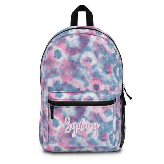 personalized tie dye floral backpack in blue, pink and purple print