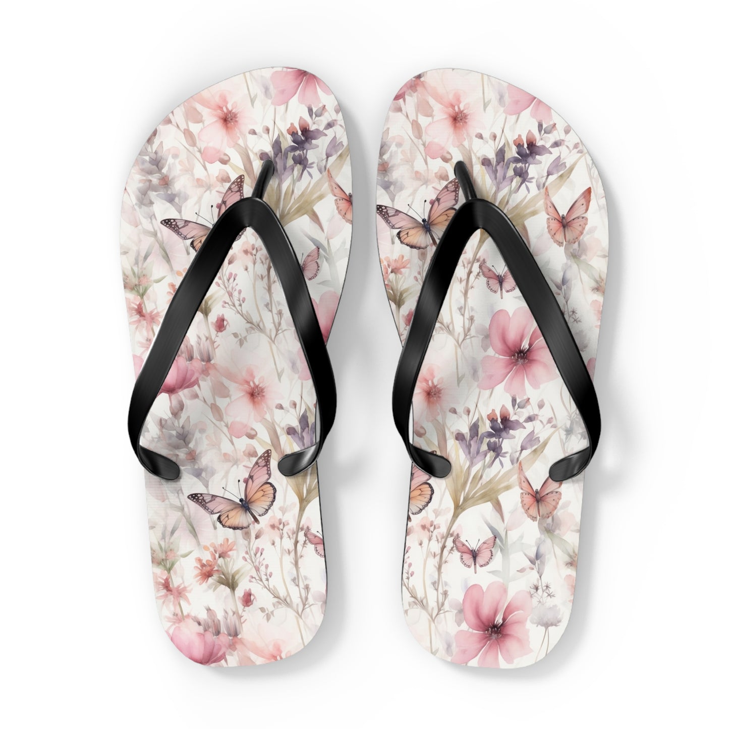 butterfly and pink floral womens flip flops
