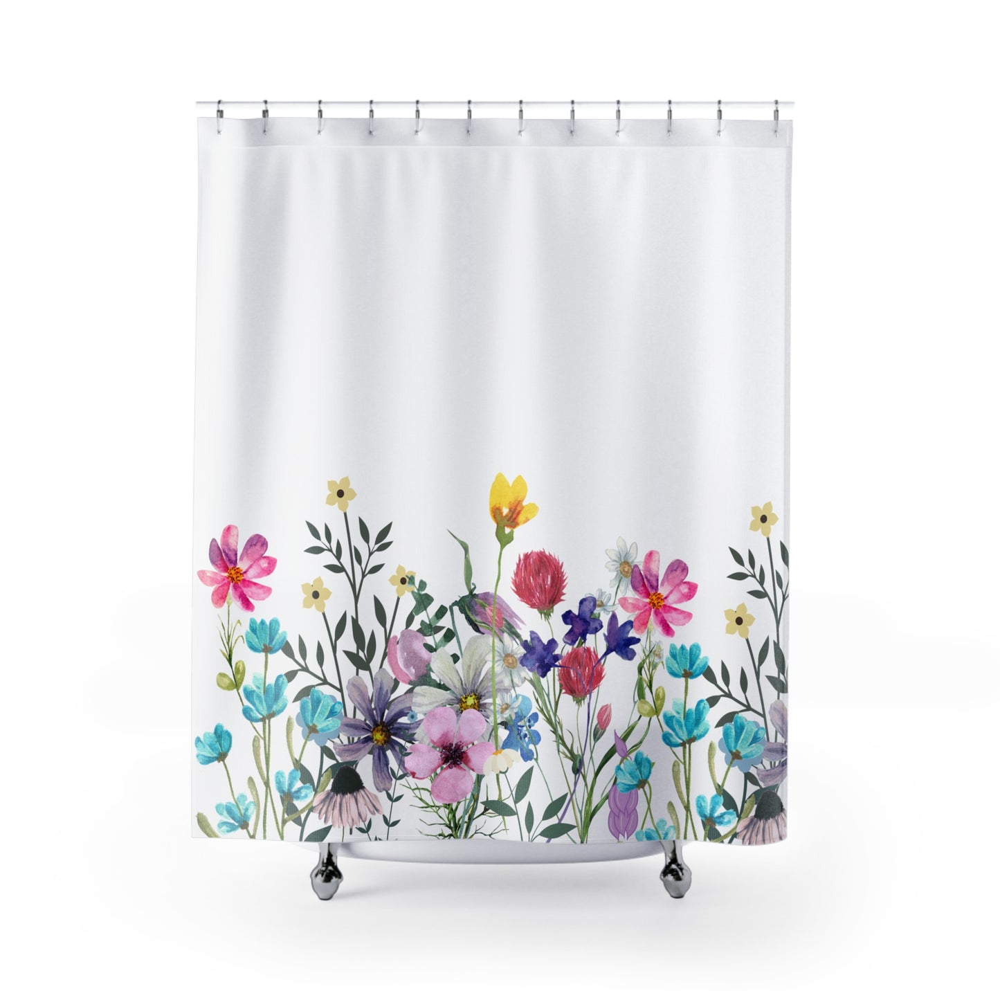 wildflower shower curtain with pink, blue, purple and yellow flower print