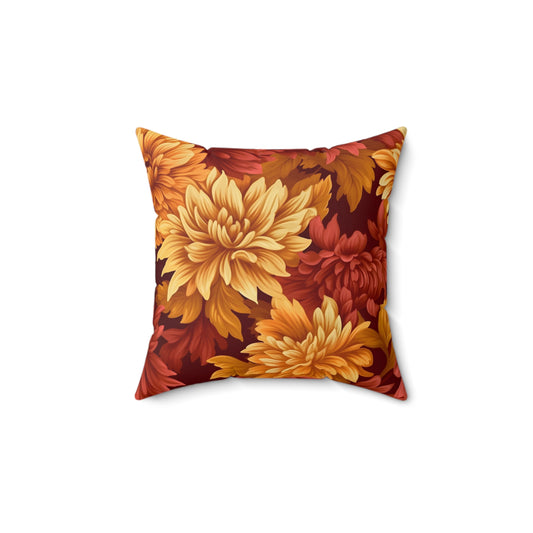 fall pillow with orange, brown and yellow flower print for fall or thanksgiving decor