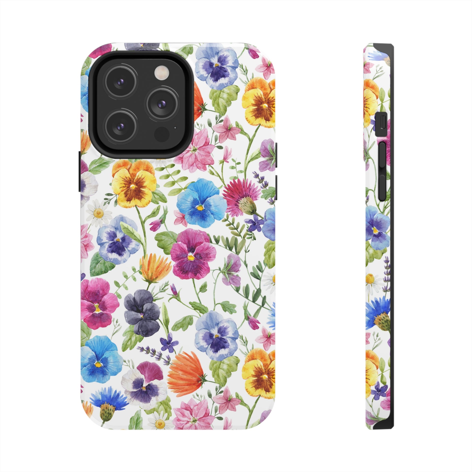pansy flower iphone case with blue, yellow, pink, purple and green floral print