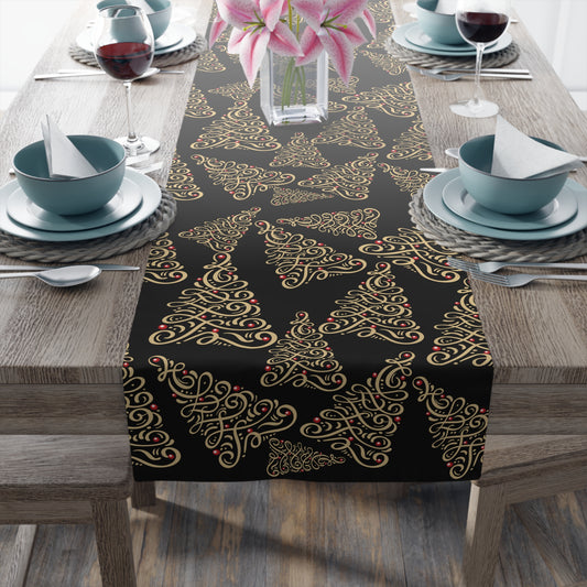 black and gold christmas tree table runner