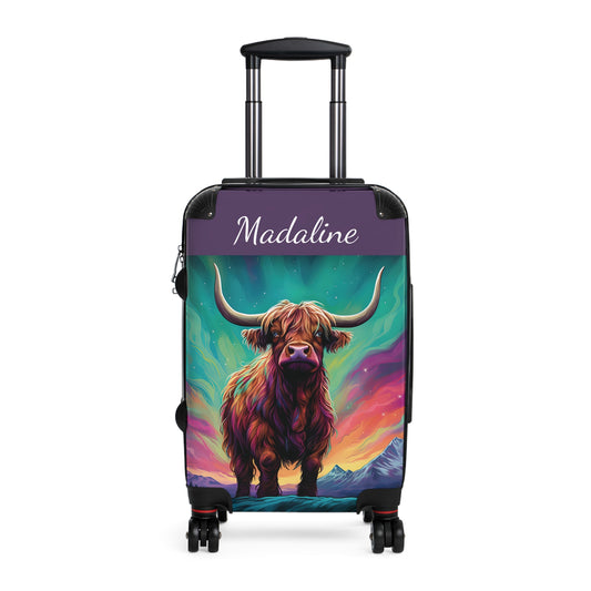 personalized northern lights with highland cow wheeled suitcase
