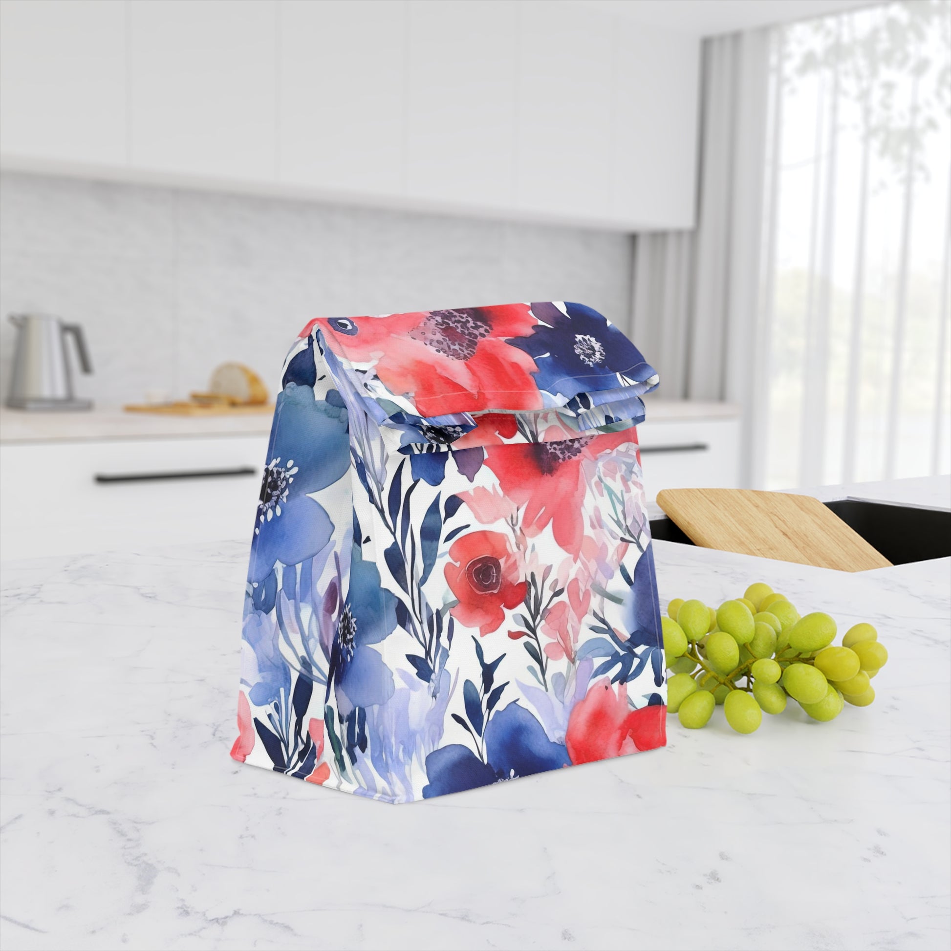 blue and red watercolor floral insulated  lunch bag