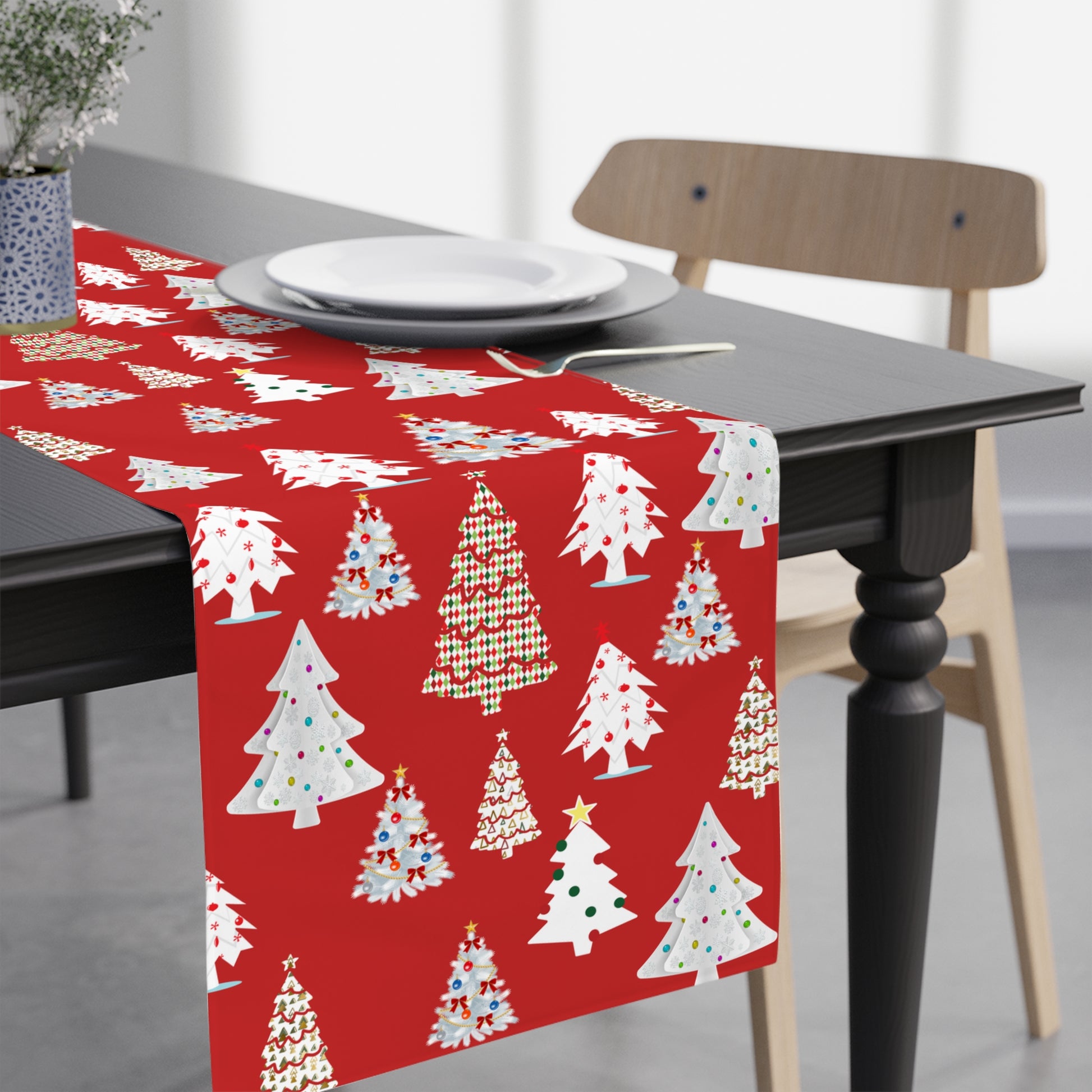 red christmas table runner with white christmas tree print