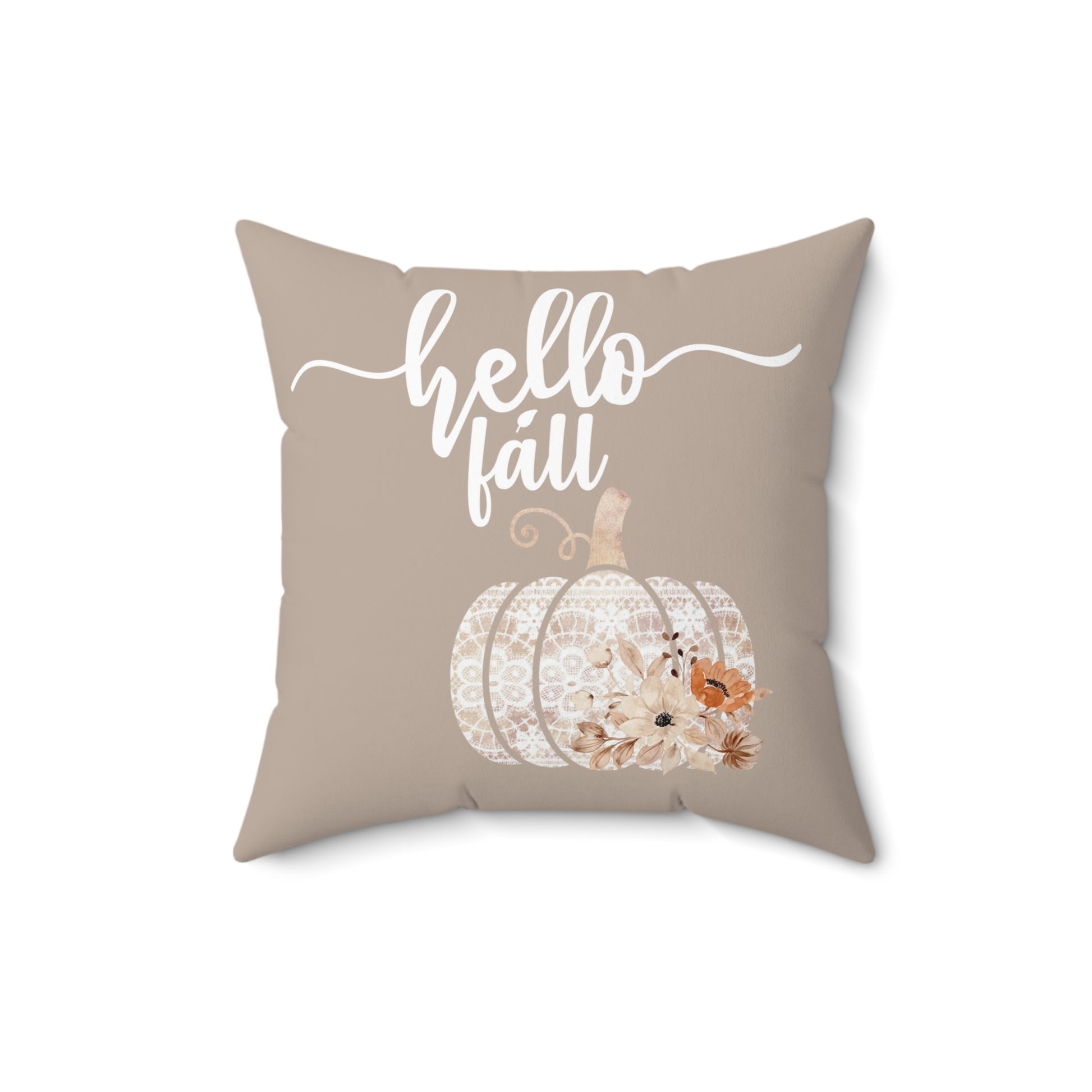 beige fall pillow with hello fall and white floral pumpkin with fall flowers
