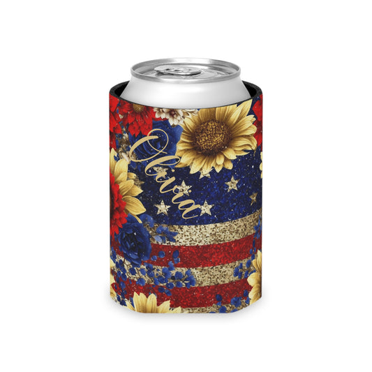personalized 4th of july can cooler with red and blue sunflower print
