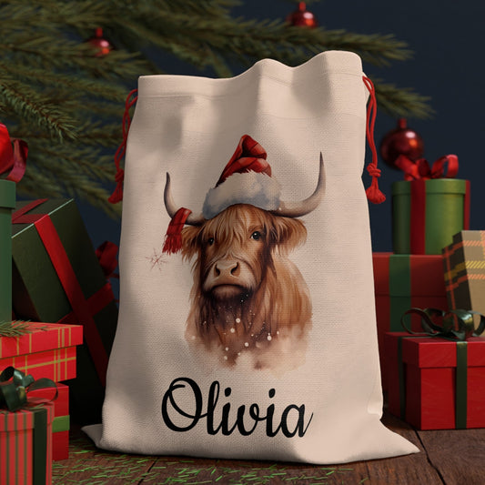 christmas highland cow santa sack