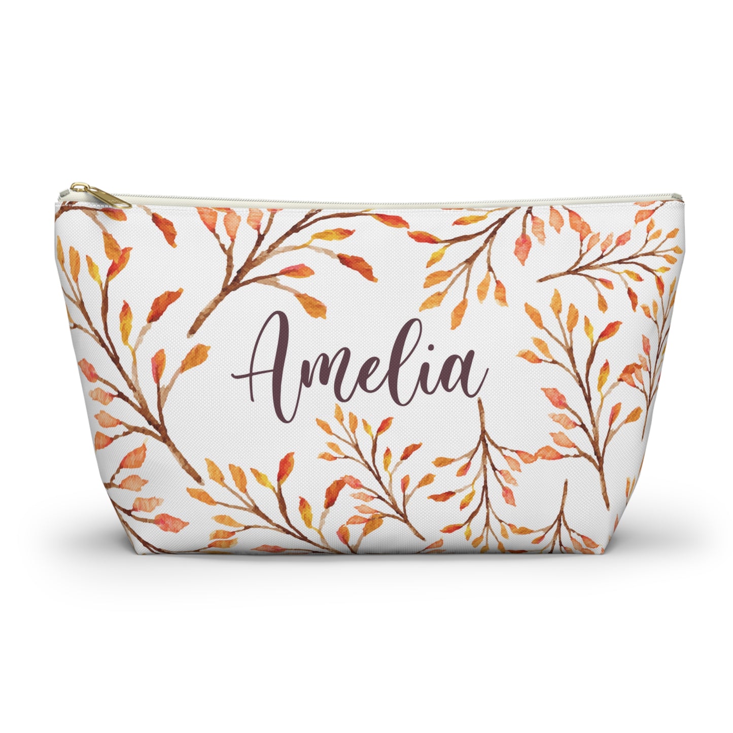 personalized fall makeup bag with brown, orange and yellow leaf print