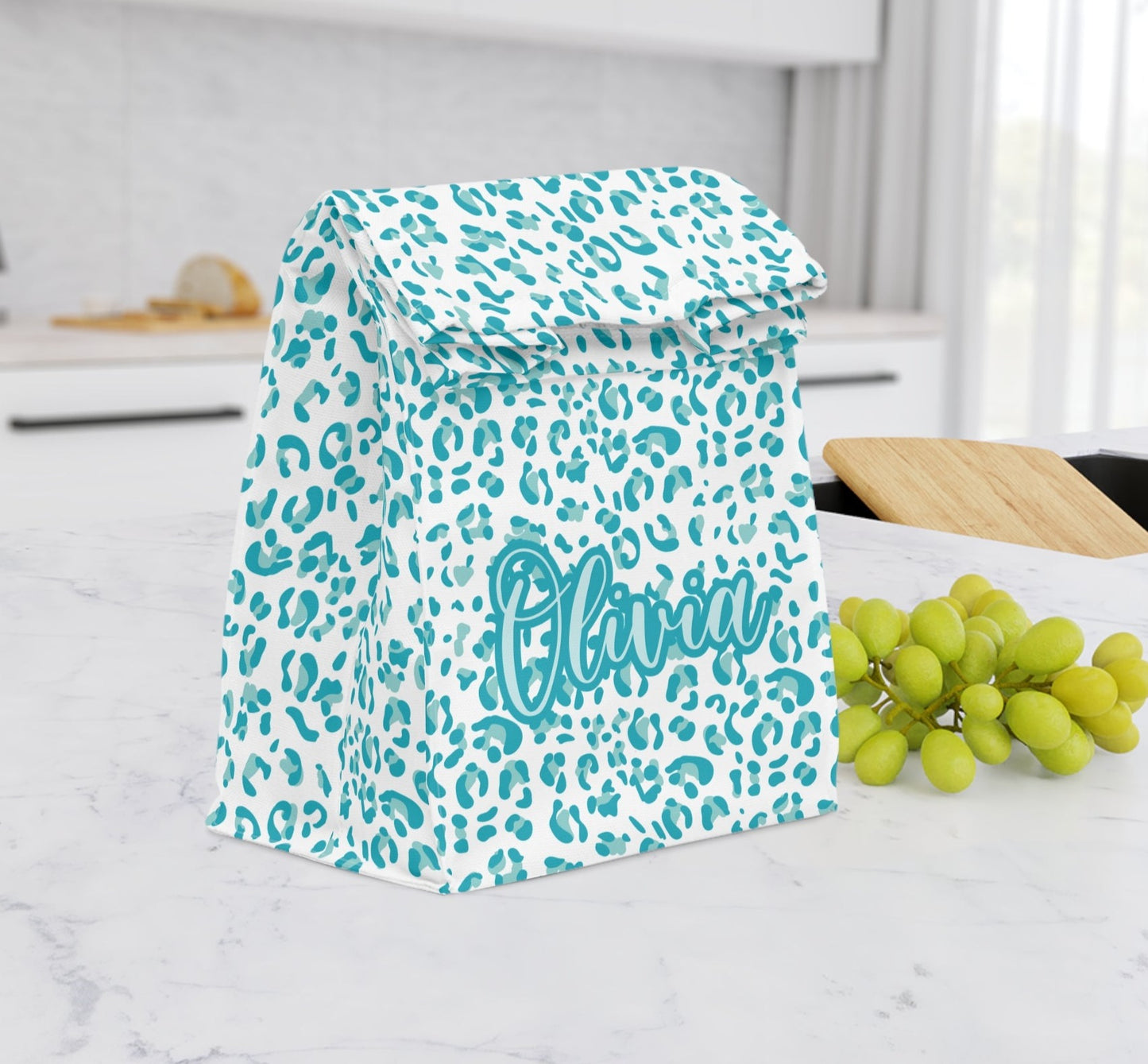personalized girls teal leopard print insulated lunch bag