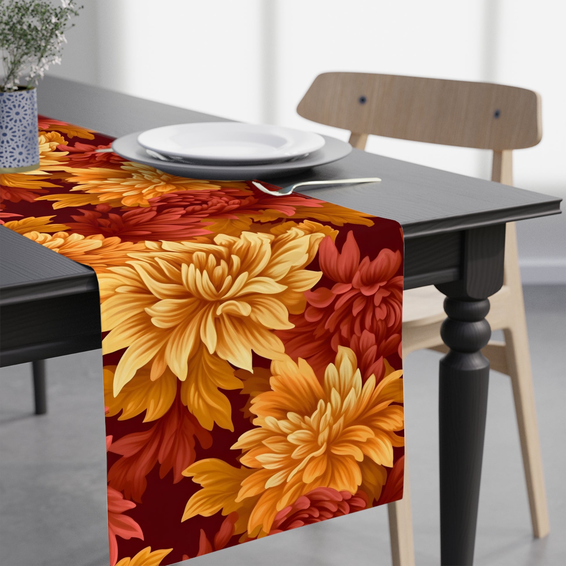 fall dahlia flower table runner with yellow, orange and brown fall color print