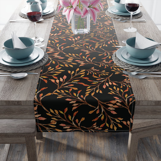 black fall table runner with changing leaves watercolor print
