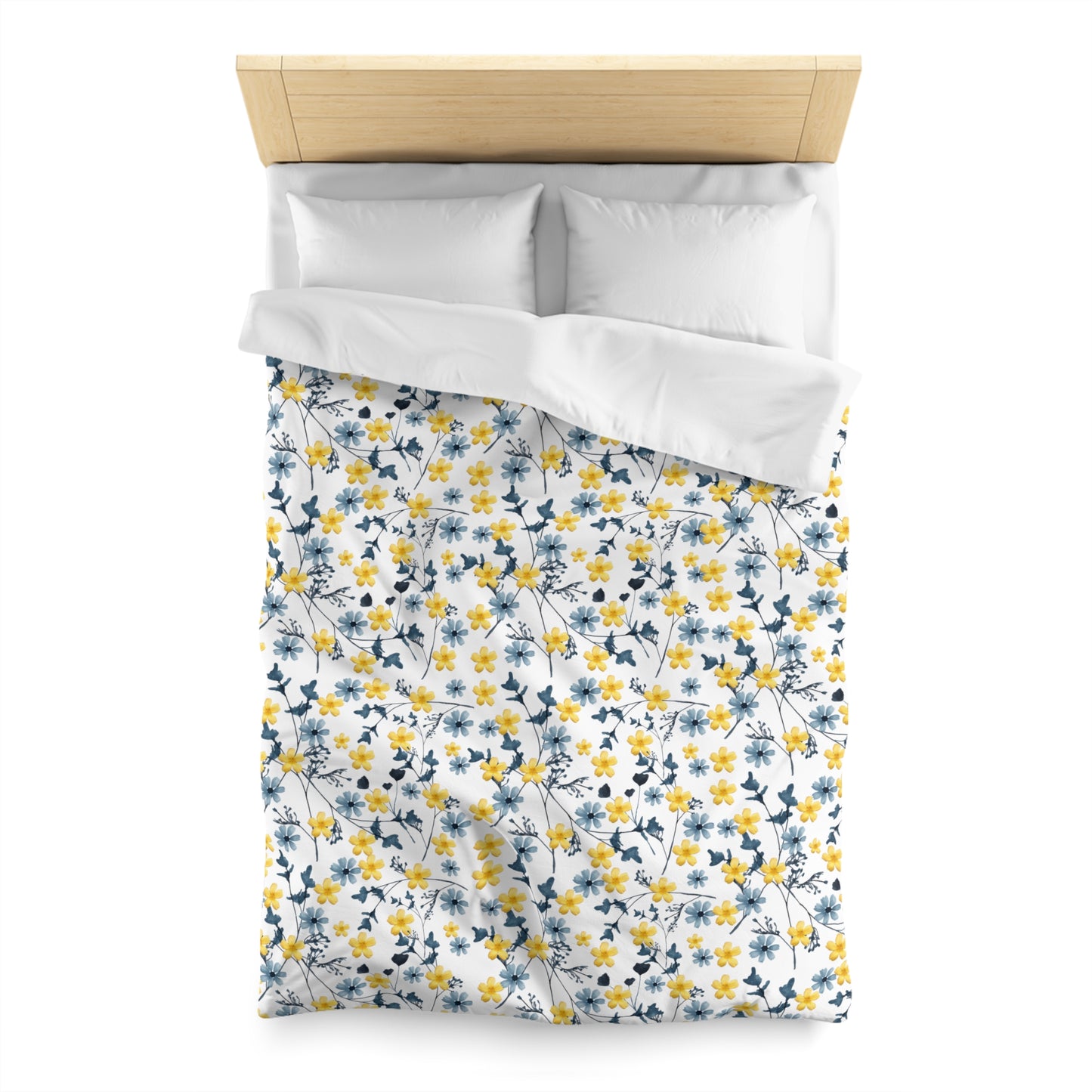 Floral Microfiber Duvet Cover / Blue and Yellow Flower Print
