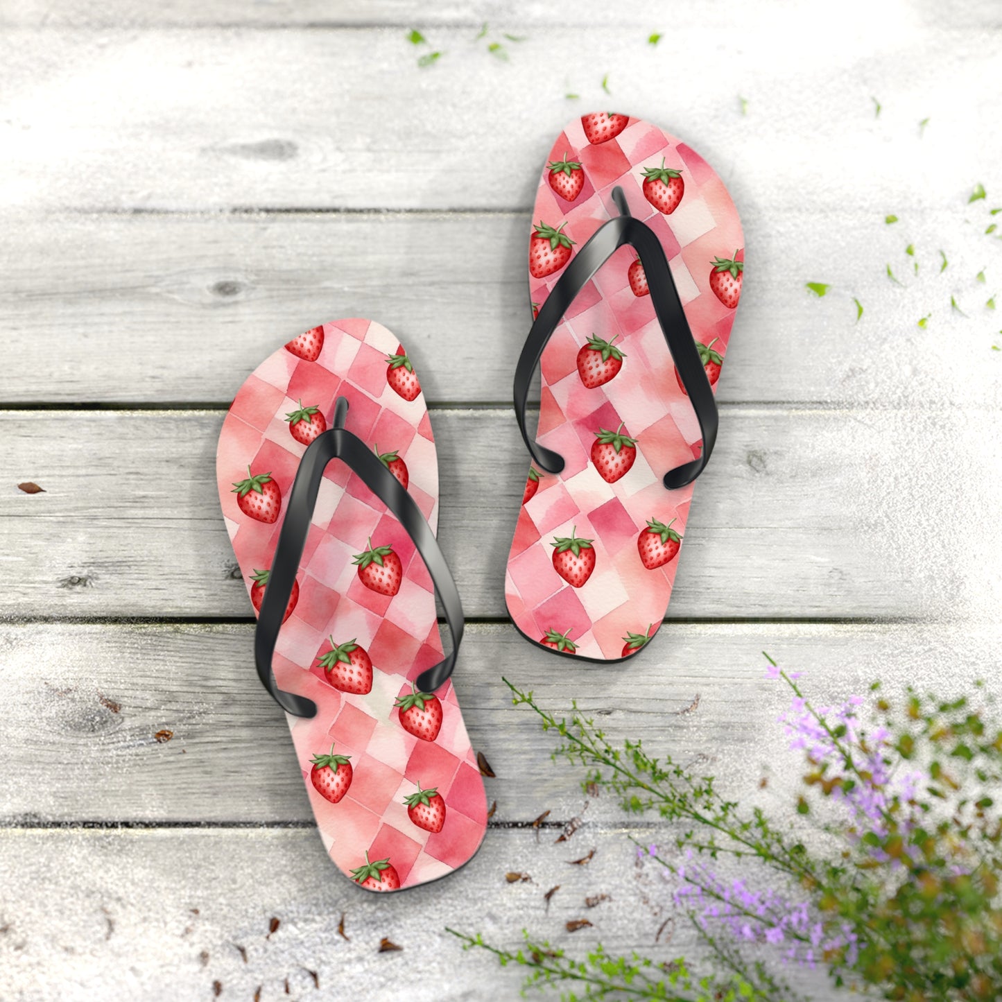 Pink Flip Flops / Watercolor Strawberry Print