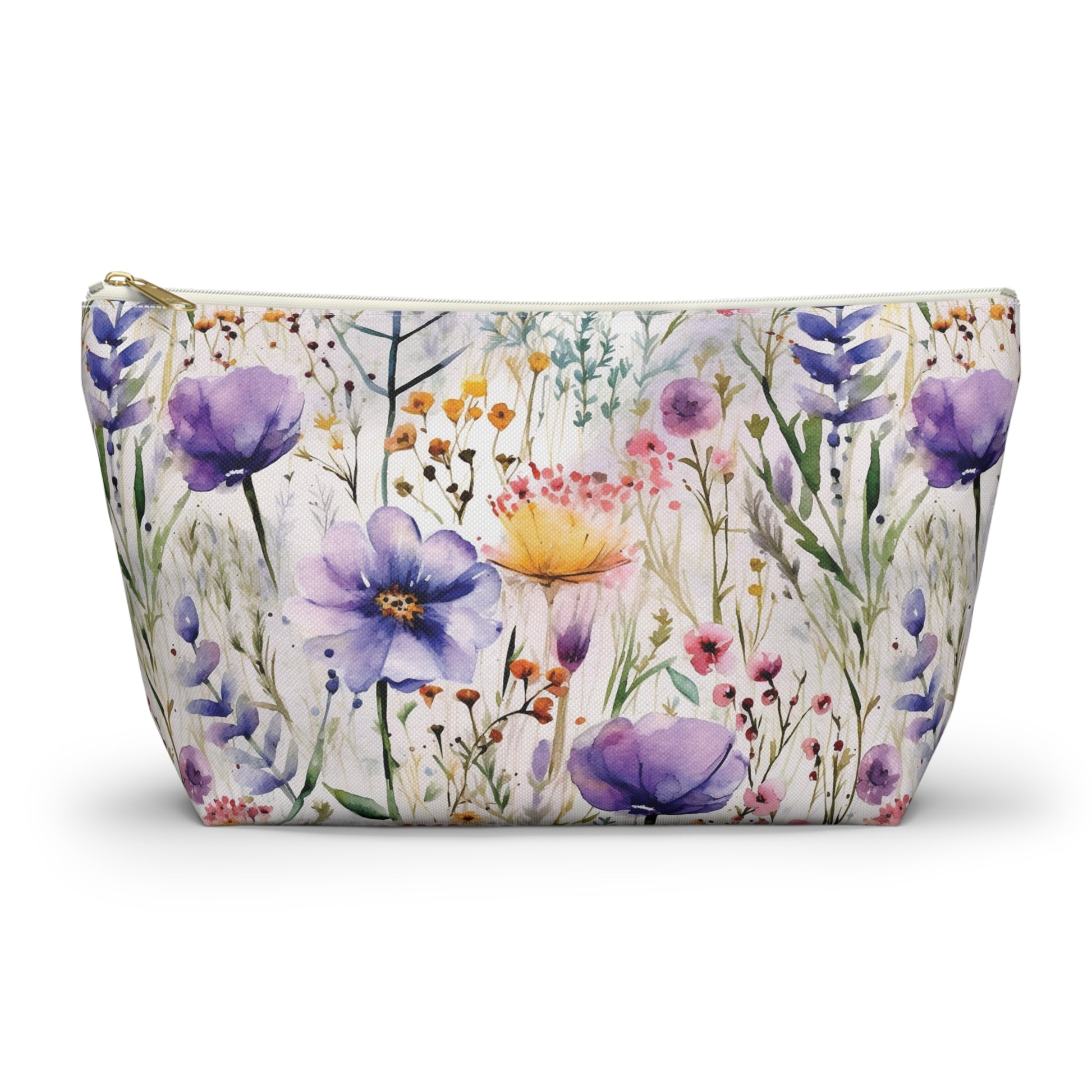 watercolor purple, pink and yellow floral makeup bag