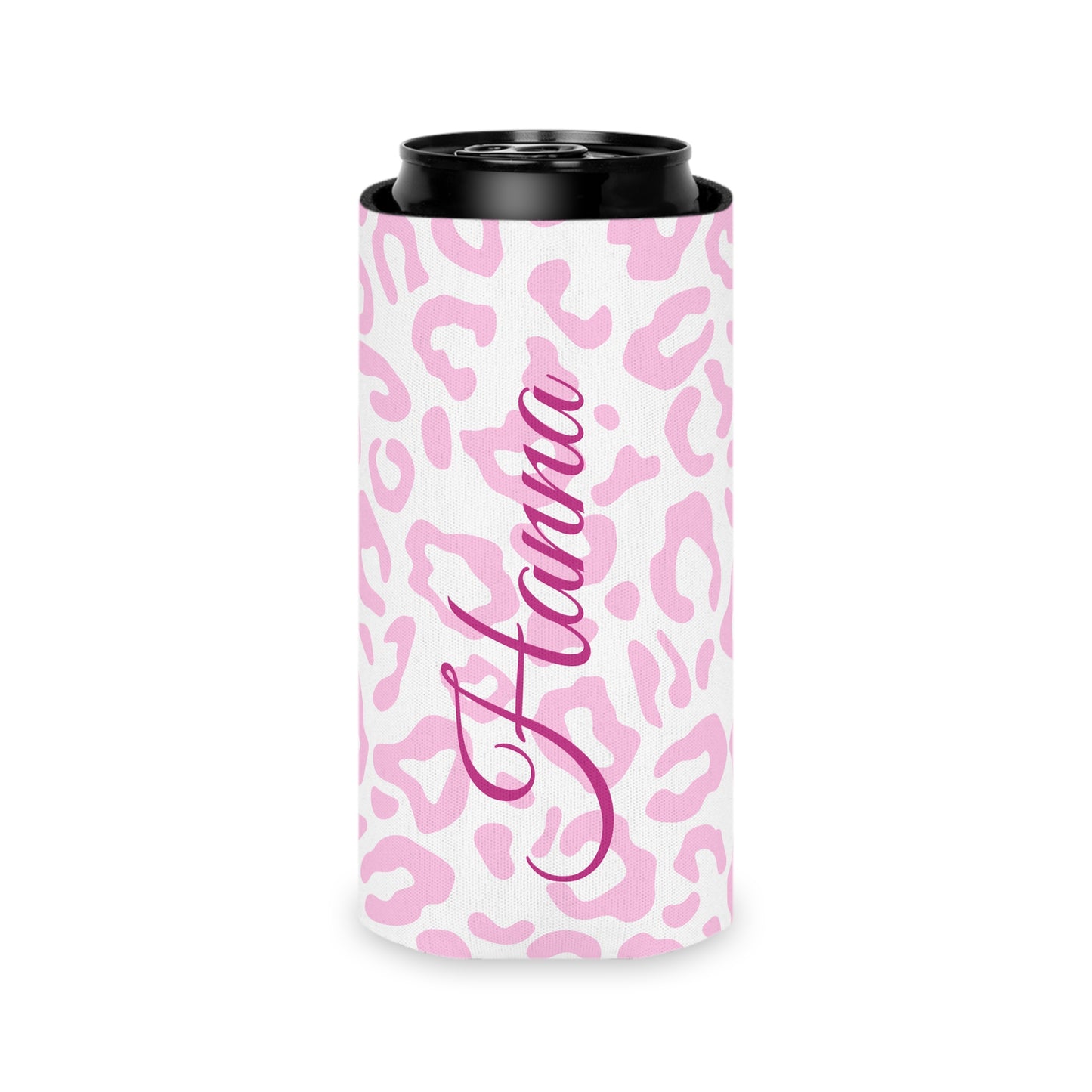 personalized pink leopard print can cooler or coozie