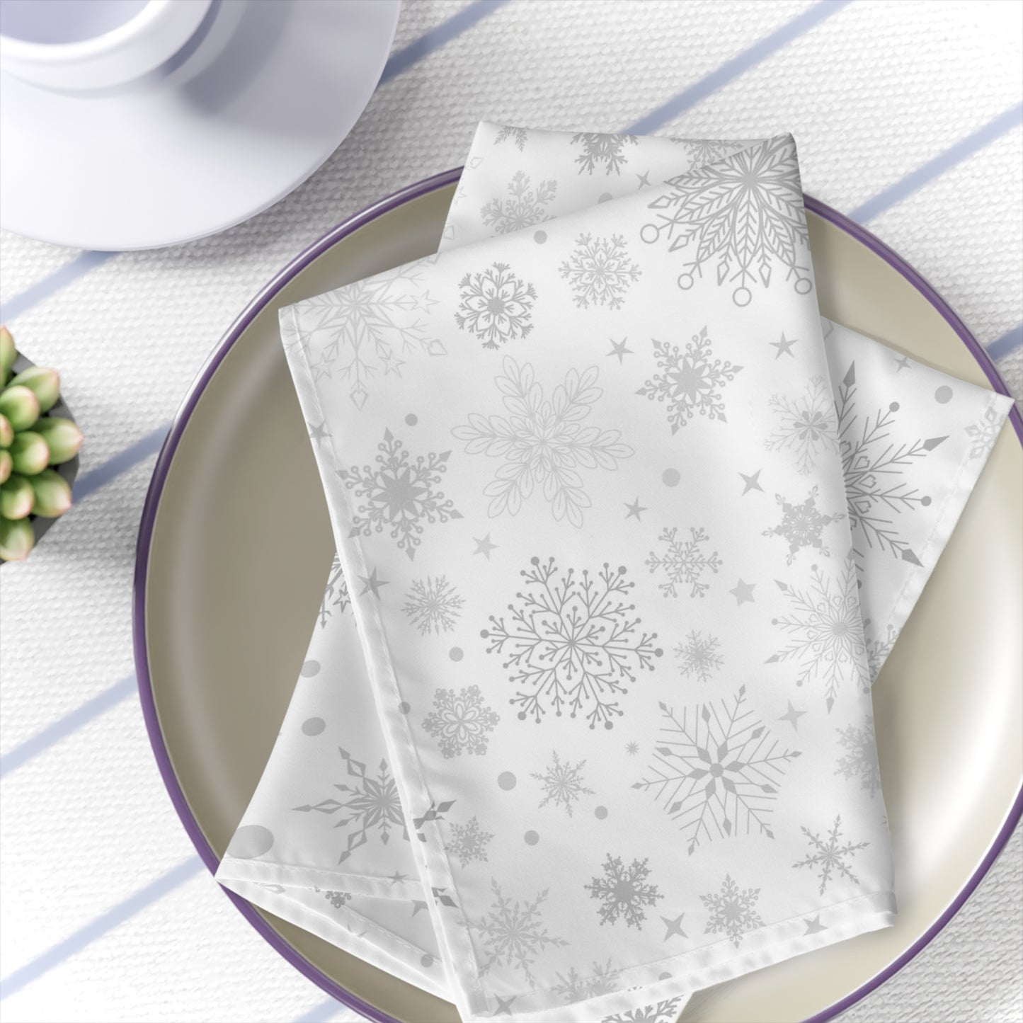 white and silver christmas snowflake cloth napkins for christmas or winter home decor