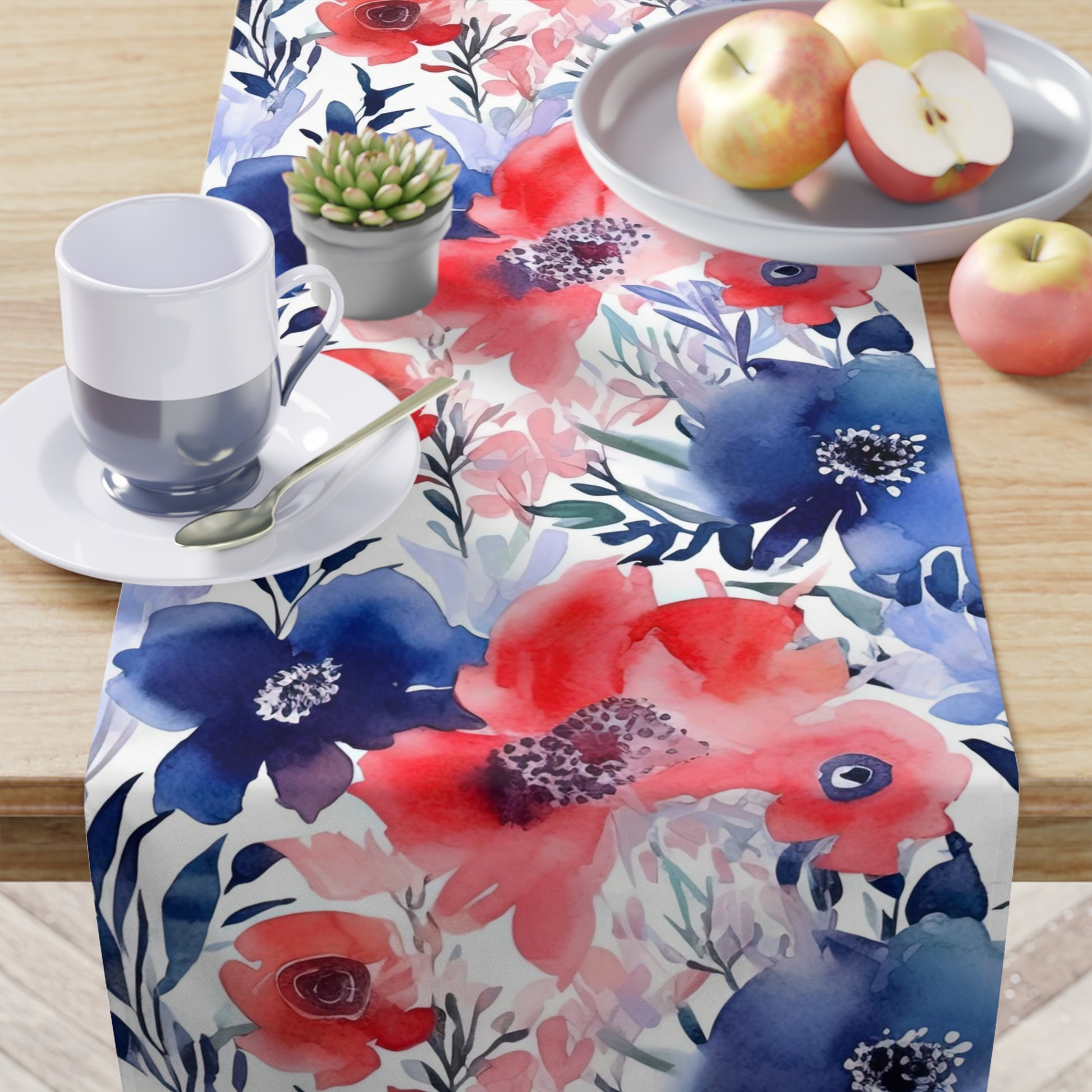 4th of july table runner with red and blue flower print
