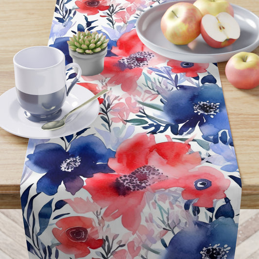 4th of july table runner with red and blue flower print