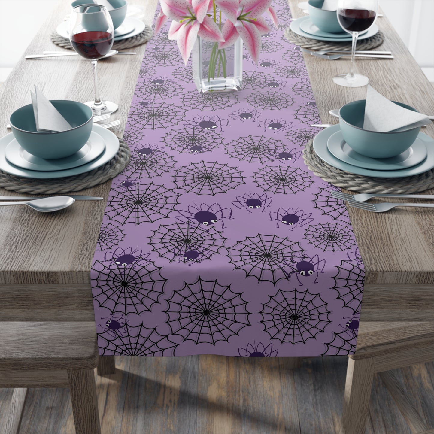 purple halloween spider and spider web table runner