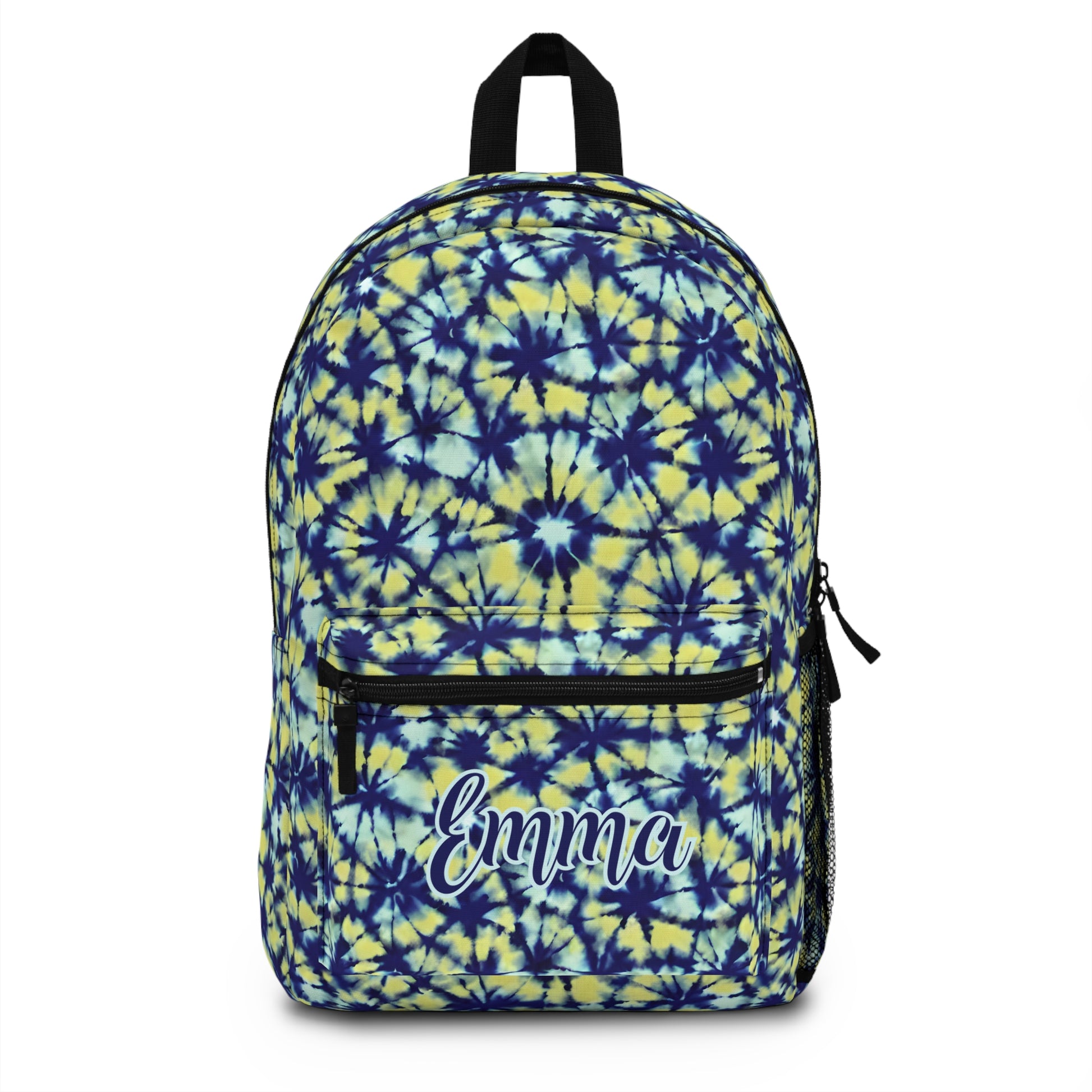 personalized girls tie dye backpack in navy blue and yellow colors