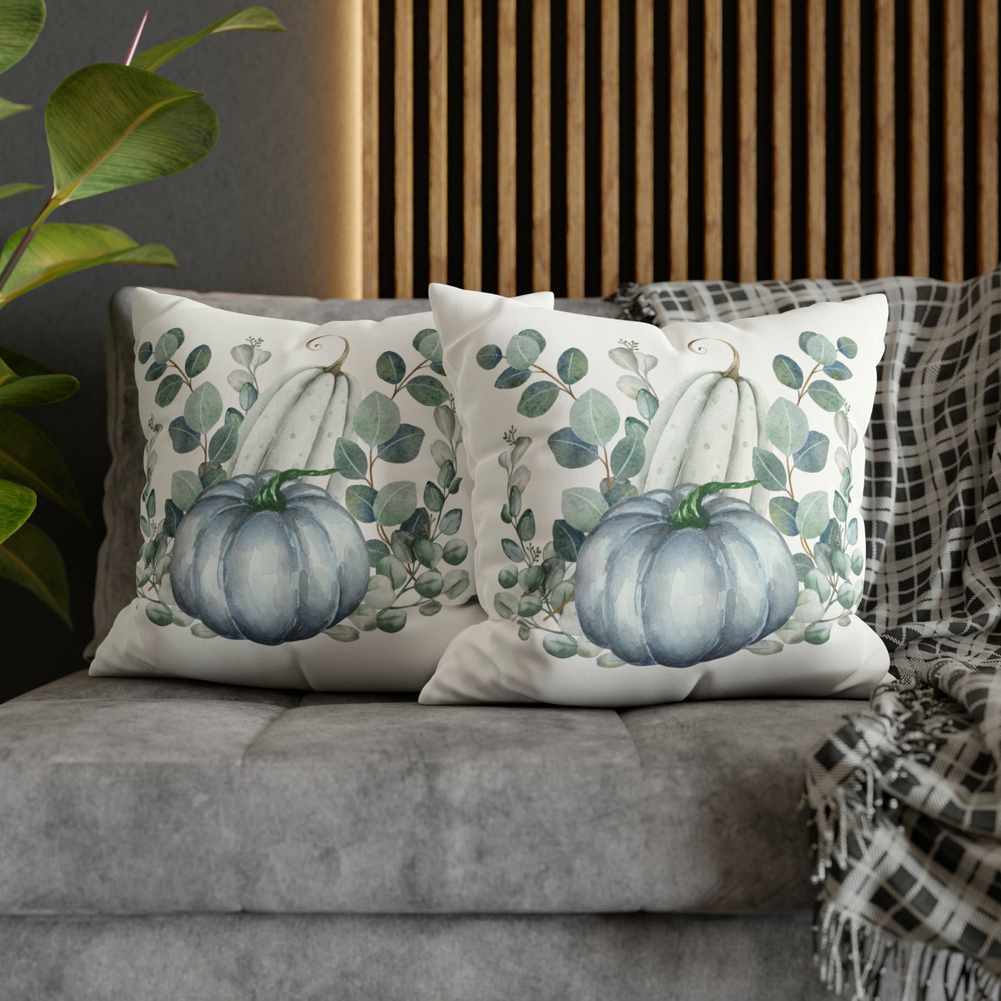 Fall Blue Pumpkin And Eucalyptus Pillow Case