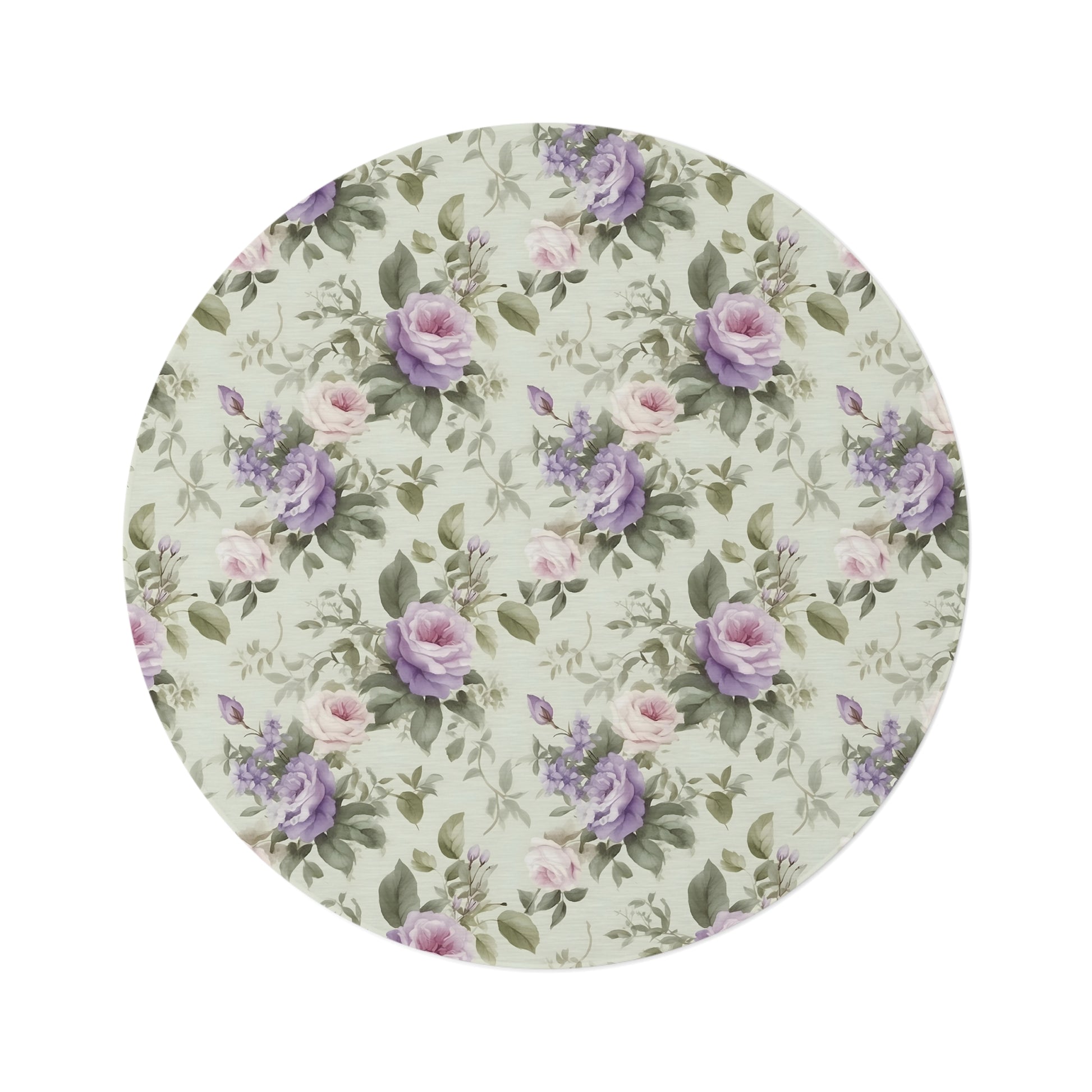 purple rose round rug with green leaves
