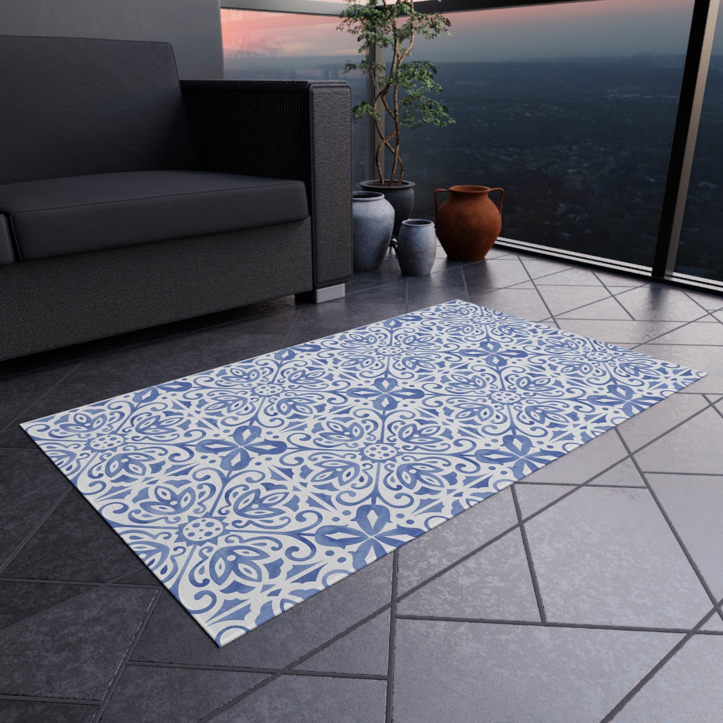 Blue Tile Print Indoor Outdoor Rug