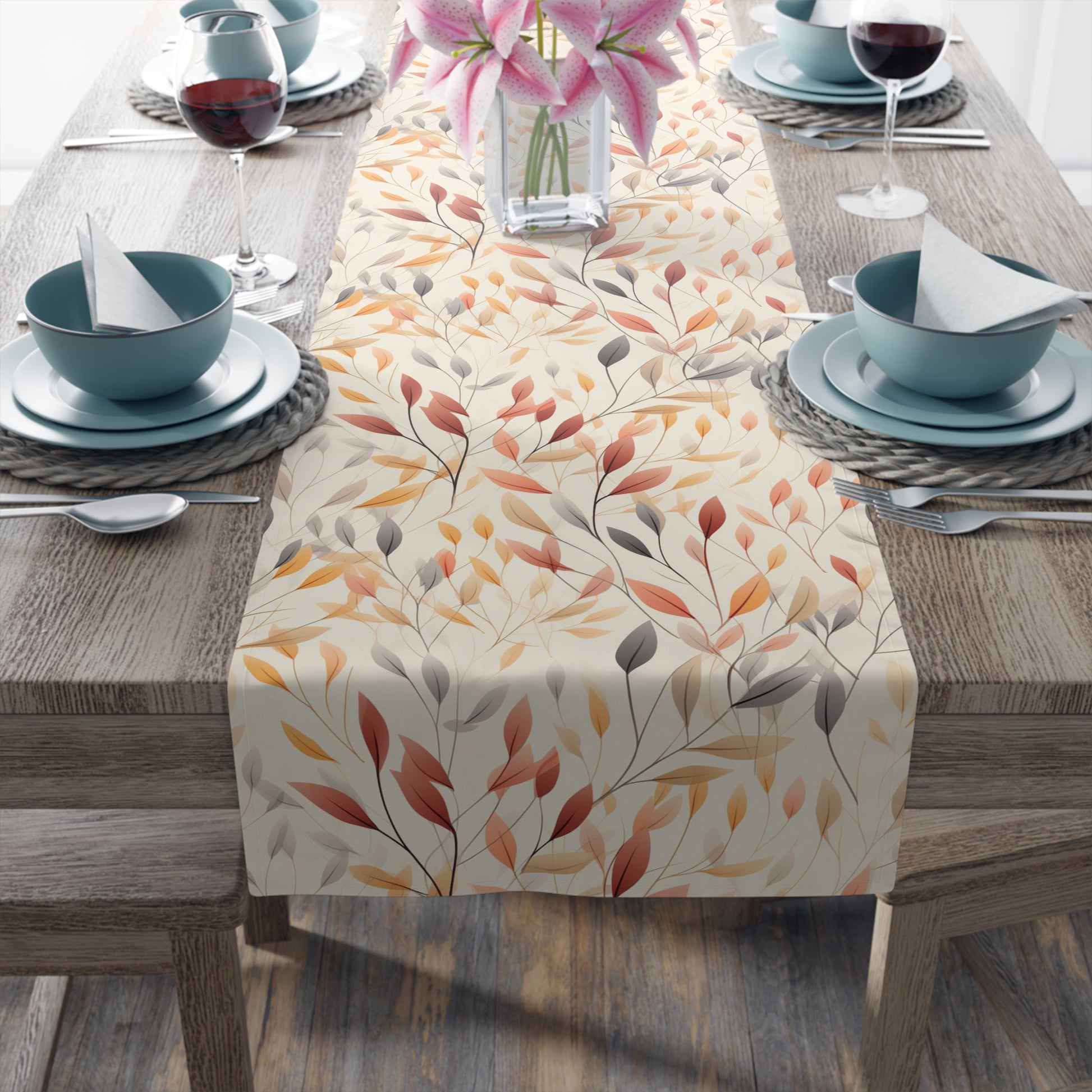 fall leaves table runner with orange, blue, red and yellow leaf print
