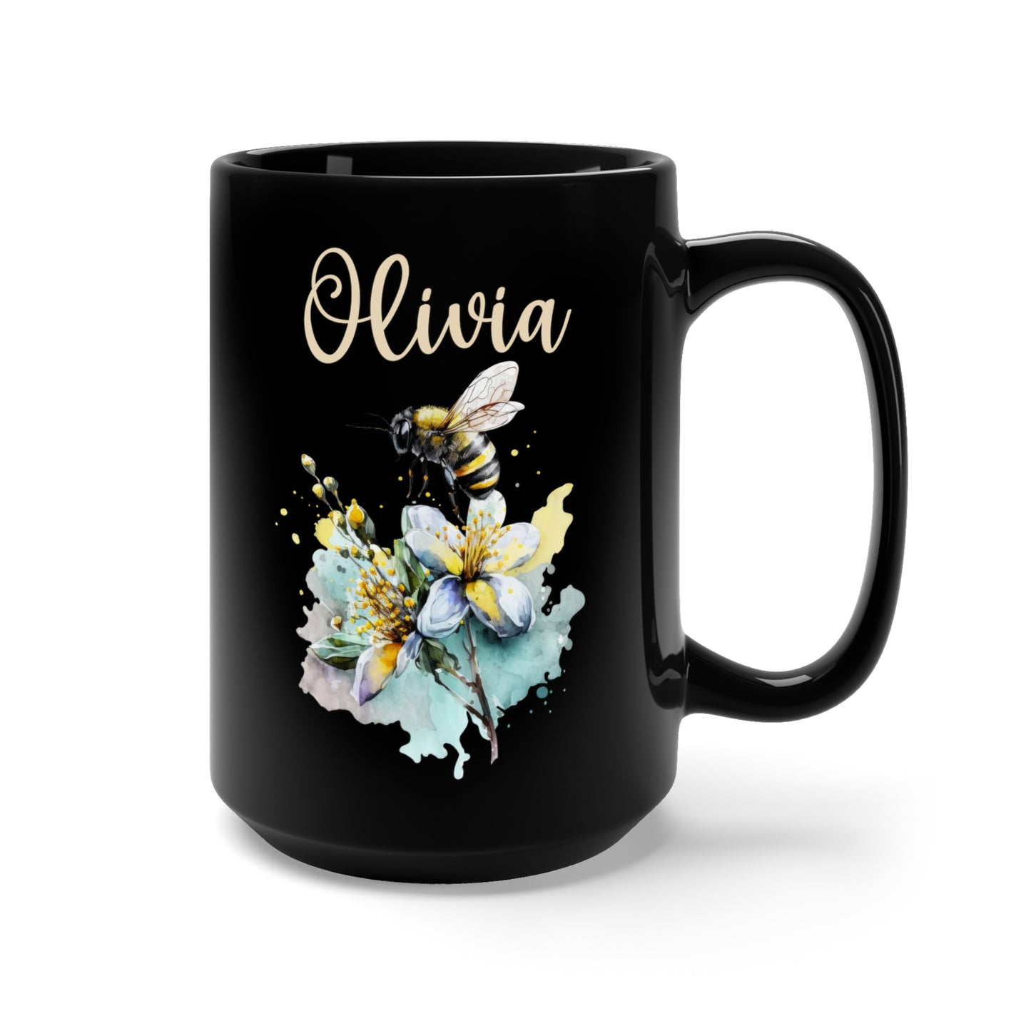 personalized summer watercolor flower and honey bee print coffee mug or cup