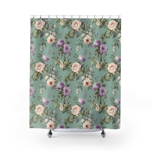 sage green shower curtain with white and purple rose floral print