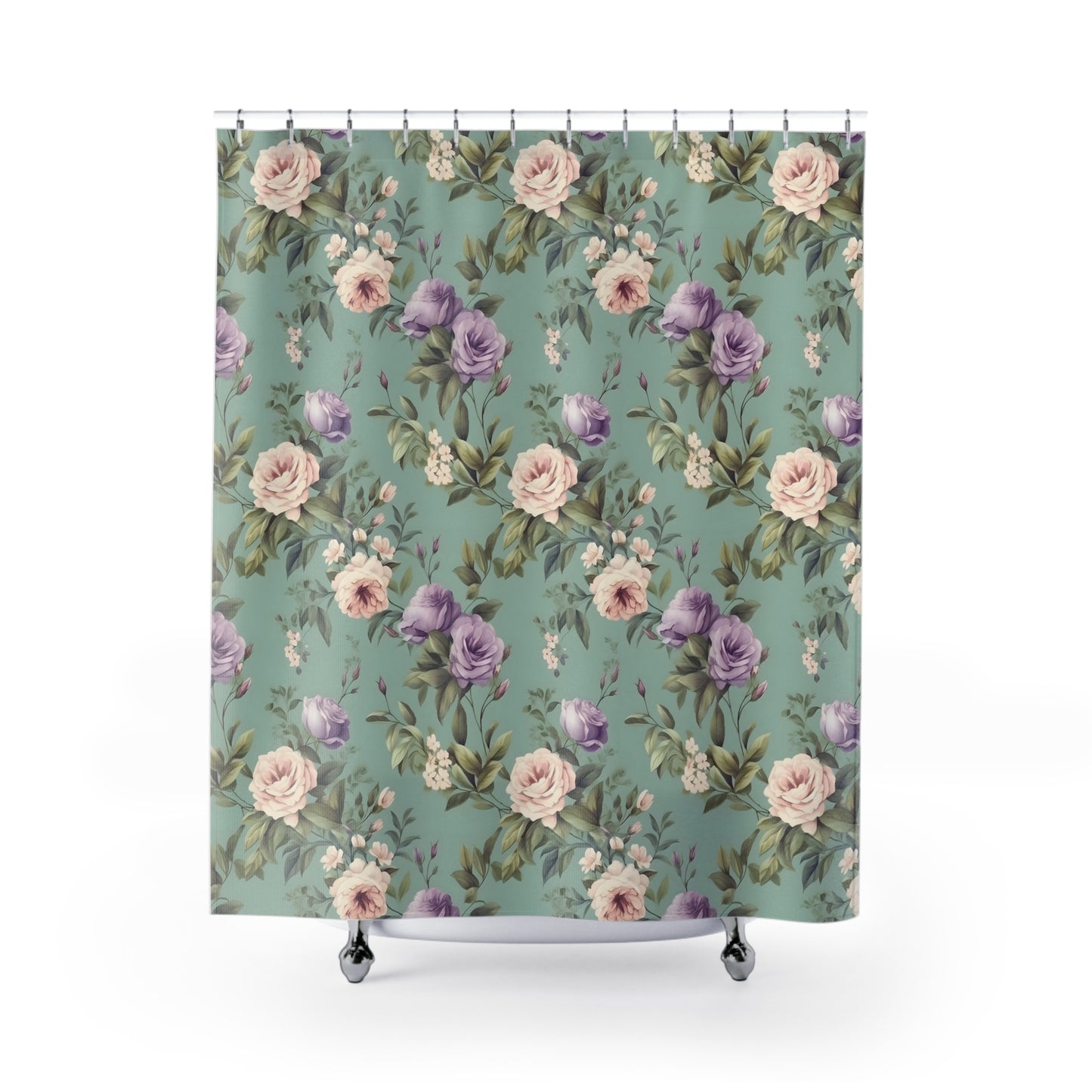 sage green shower curtain with white and purple rose floral print