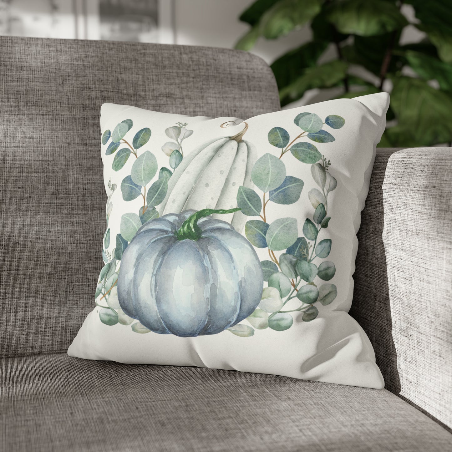 Fall Blue Pumpkin And Eucalyptus Pillow Case