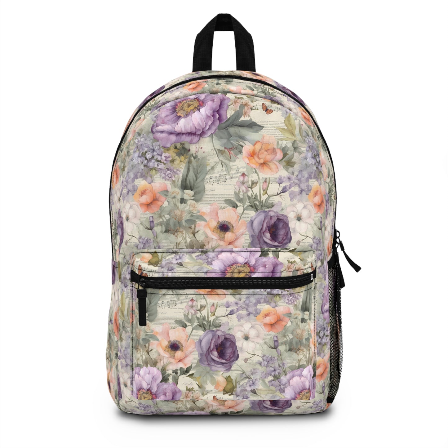 vintage floral backpack with orang and purple flowers and green leaves