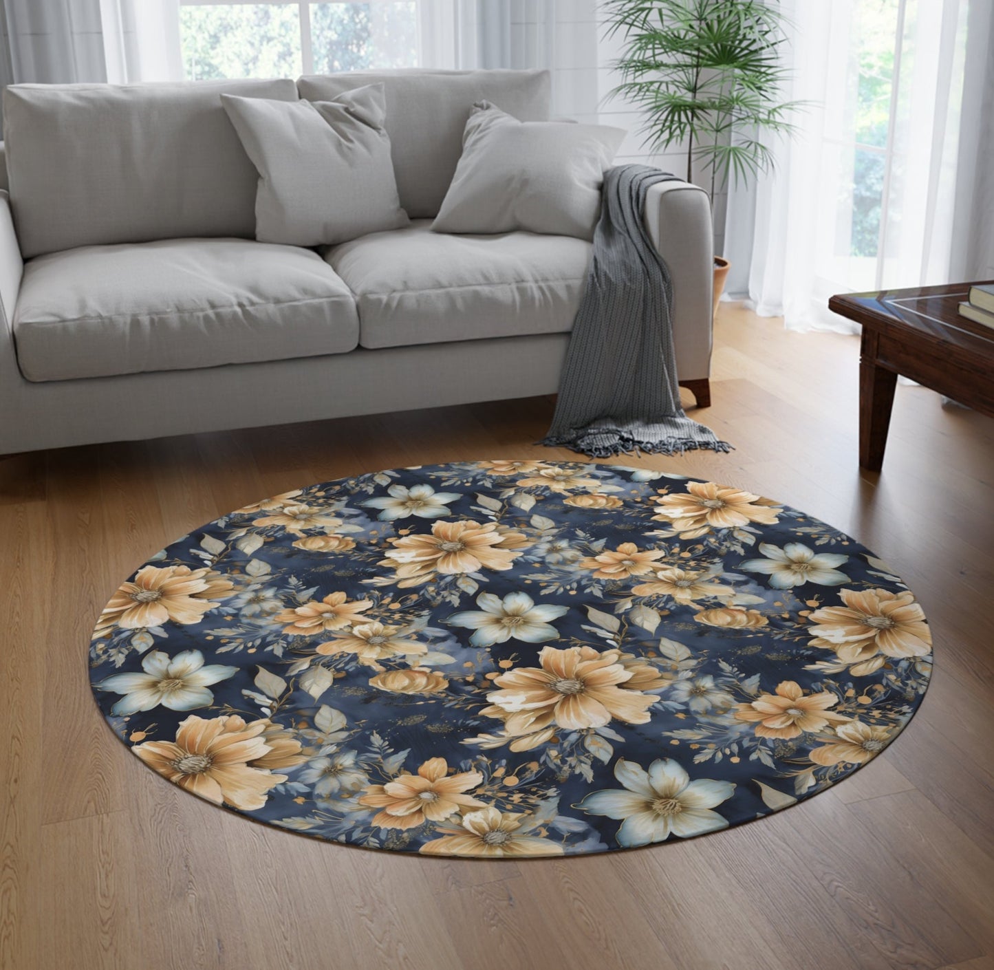 navy blue and gold round rug