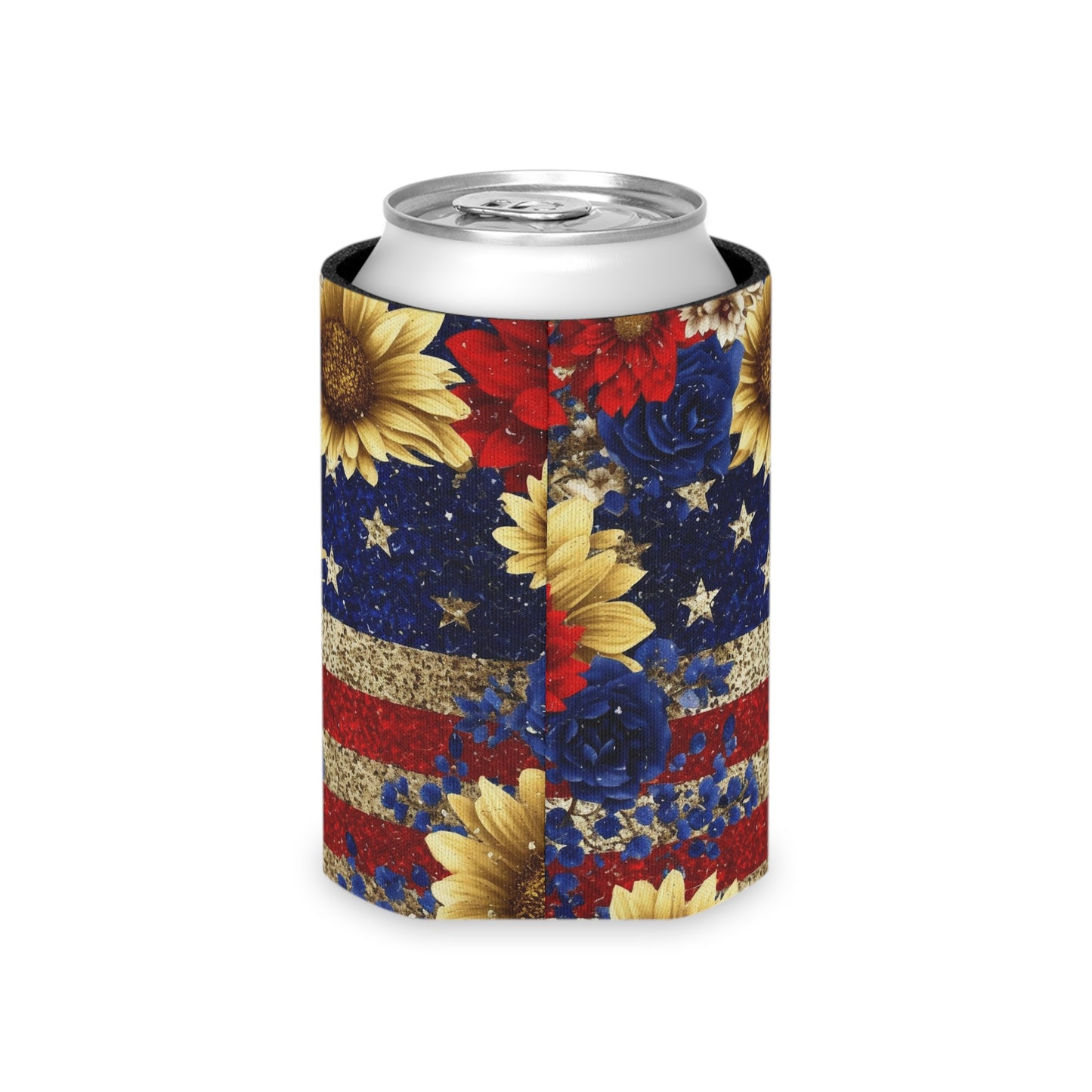 Personalized 4th of July Can Koozie / USA Patriotic Sunflower Can Cooler