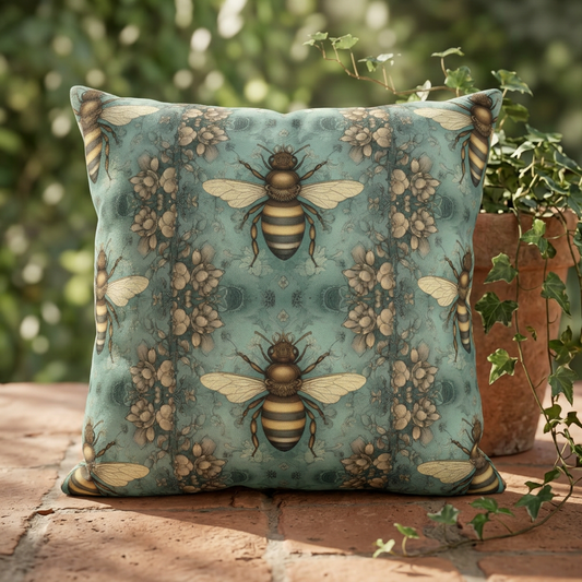 Bee Pattern Outdoor Pillow — Vintage Floral Garden Accent Pillow for Patio & Porch