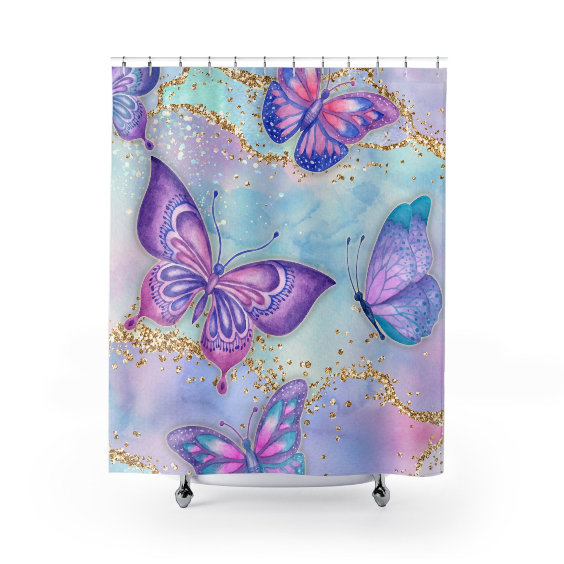 blue, pink and purple butterfly shower curtain with gold sparkles
