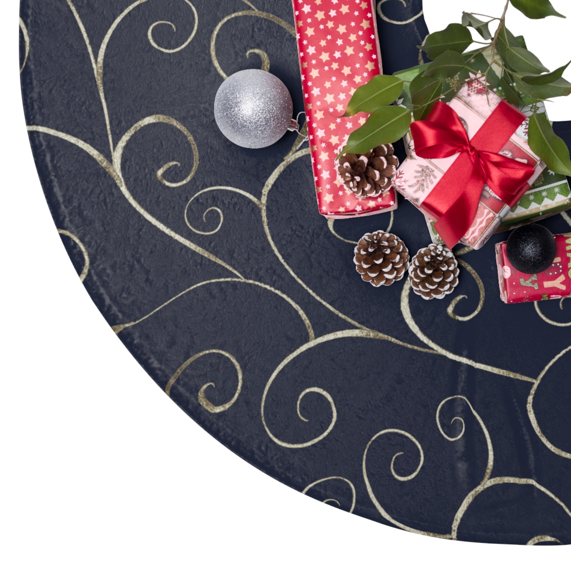 navy blue and silver swirl christmas tree skirt