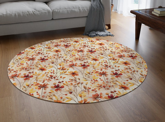 red, orange and yellow flower print round rug for fall decor