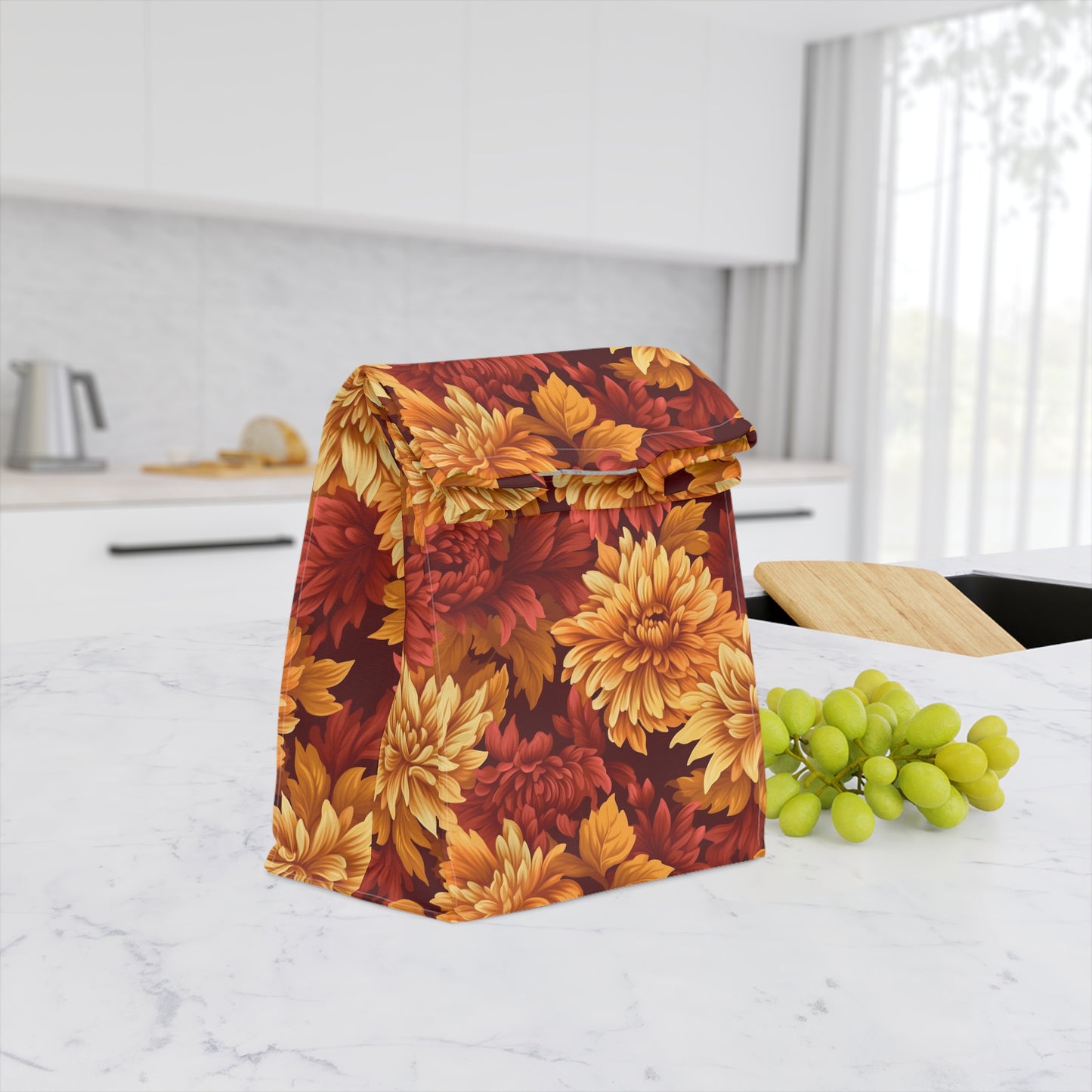 fall dahlia flower print lunch bag tote