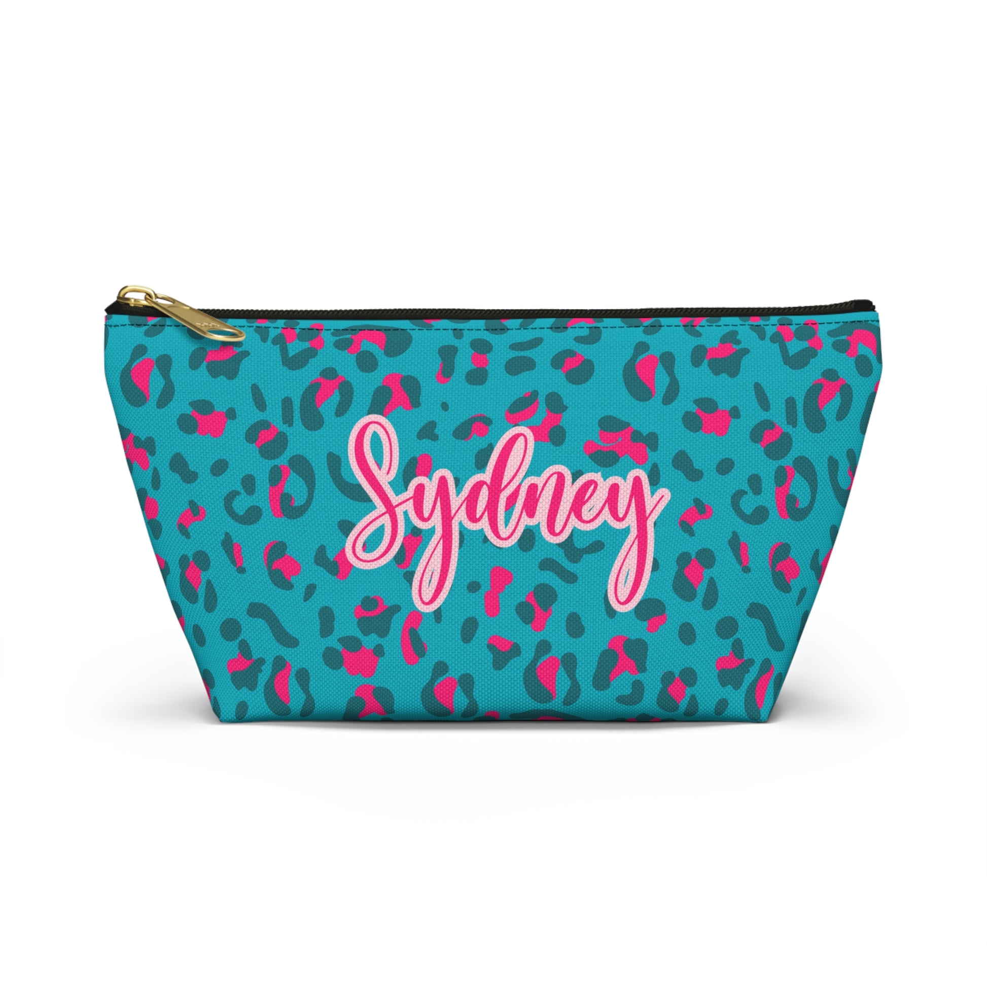personalized name girls blue leopard print makeup bag or pencil case for back to school