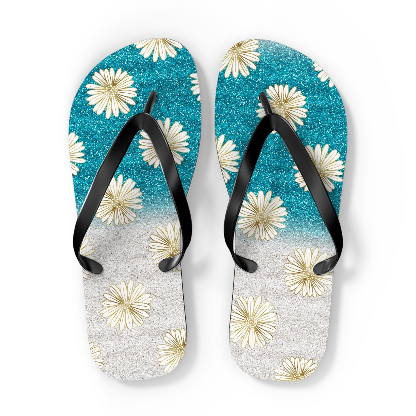 womens teal blue and gold summer flip flops with daisy print and sparkles