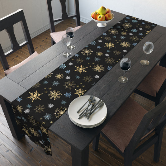 blue and gold snowflake christmas or winter table runner